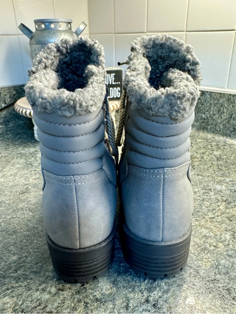 BareTraps Light Gray Faux-Sherpa Lace-Up Winter Boots 7